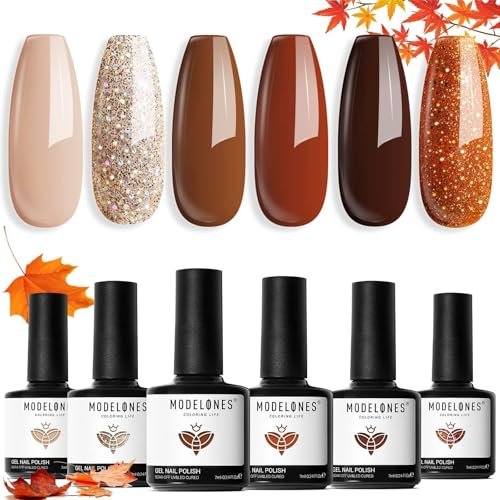 Modelones Smalto Semipermanente Unghie Autunno Marrone Arancione Nude Glitter 6 Colori Smalti Semipermanenti per Unghie, Soak-Off UV Gel per Nail Art Smalto Gel Professionali Kit