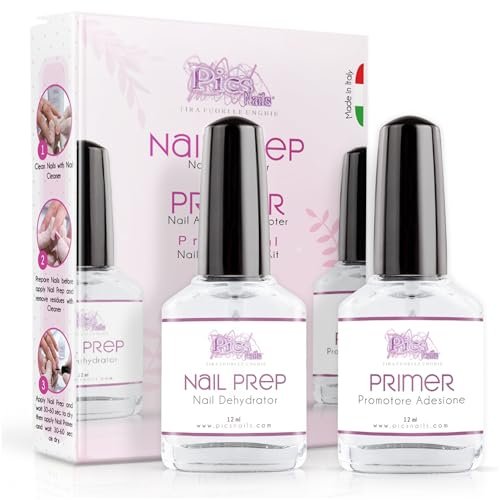 Nail Prep e Primer Unghie Gel 12ml - 2 pz. - Kit Preparatori per Unghie Professionale Migliora Tenuta delle Unghie Ricostruite Primer NON ACIDO Promotore d'adesione e Nail Prep Deidratante per Unghie