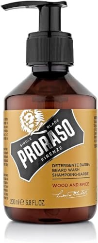 Proraso Detergente Barba Wood and Spice, 200ml, Shampoo barba detergente per uomo con azione purificante per la cura della barba, Made in Italy