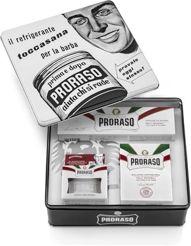 Proraso Set Vintage Selection Pelli Sensibili, Set regalo uomo con Crema Pre Barba 100 ml, Sapone Barba 150 ml e Balsamo Dopobarba 100 ml, Cofanetto regalo uomo, Set regalo natale Made in Italy