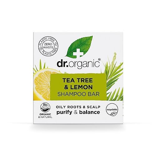 Saponetta Shampoo Dr Organic al Tea Tree e Limone, Purificante, Radici e Cuoio Capelluto Grassi, NUOVO, Senza Plastica, Naturale, Vegano, Cruelty-Free, Senza Parabeni e SLS, Biologico, 75g