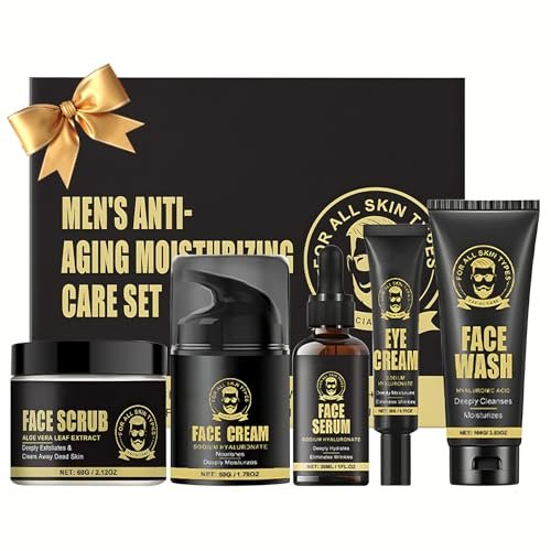 Set di trattamenti viso da uomo, 5 pezzi, Skincare Routine Kit con detergente, siero, crema idratante, scrub esfoliante, crema per gli occhi, regalo di San Valentino, compleanno per uomo