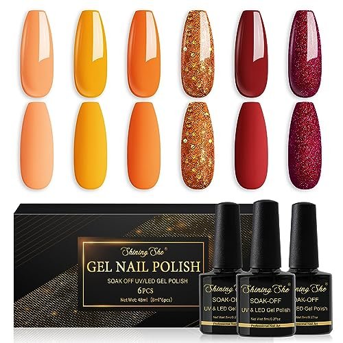 Shining She Smalto Semipermanente Unghie,6 Colori Serie Arancione Kit Semipermanente Unghie,Smalto Gel Unghie UV Soak Off Gel UV Adatto per Autunno e Inverno,Halloween,8 ml