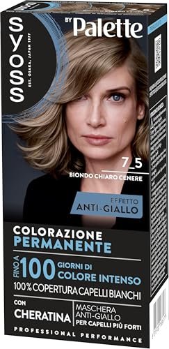 Syoss by Palette Colorazione Permanente 7-5 Biondo Chiaro Cenere, Colorazione capelli permanente con Cheratina, per 100% copertura dei capelli bianchi e fino a 100 giorni di colore intenso