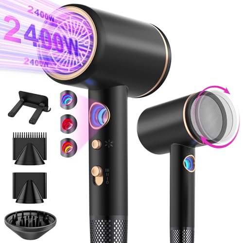 Tisoutec Asciugacapelli Ionico Phone per Capelli professionale Ioni AC Motore Phon Capelli 2400W,phon da viaggio diffusore|phon 4-in-1|pulsante aria calda/fredda|3 livelli+3 velocità|asciugacapelli