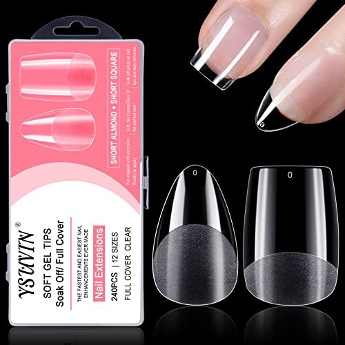 YSUVIN Unghie Finte, 240 Pezzi Unghie Finte in Gel Trasparenti, 12 Taglie Mandorla Corta e Quadrato Corto Full Cover Tips Gel, Dual Form Tip Unghie per Onicotecniche, Principianti