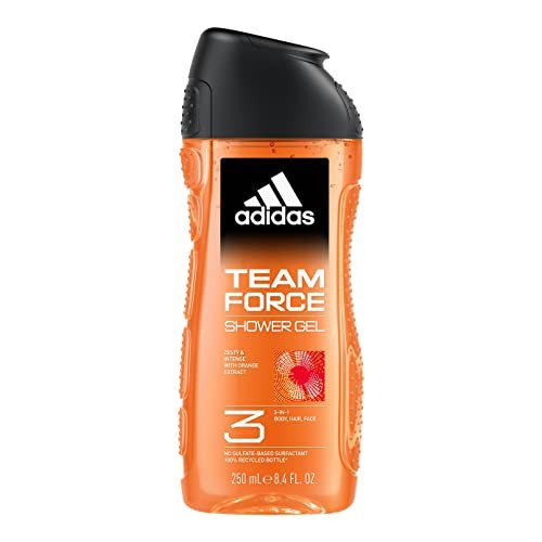 adidas, Team Force Gel Doccia Bagnoschiuma 3 in 1 per Corpo, Capelli e Viso, Formula Vegana, 250ml