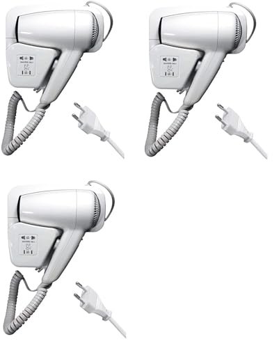 AntDau71® 3 pezzi Asciugacapelli da Parete 1300W per Hotel, B&B, Palestra – Phon Professionale con Supporto da Muro, Sicurezza IP21, Presa Rasoi Integrata, Bianco - CW512-3