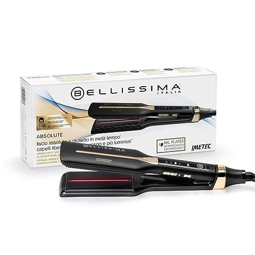 Bellissima Imetec Absolute, Piastra per capelli professionale con piastre 4XL, Infrarossi e tecnologia a ioni, Controllo del calore, Rivestimento in ceramica e cheratina, 4 Temperature, Beauty bag