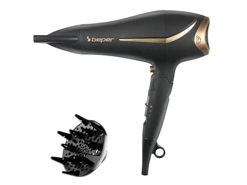 BEPER 40.404 Phon Pieghevole 2200 Watt - Phon Capelli, Diffusore E Concentratore Inclusi Nero E Oro