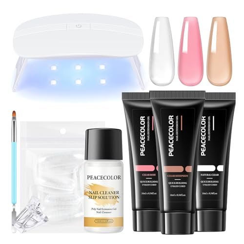 PEACECOLOR Set Unghie Gel Ricostruzione 16ml, 3 Colori Gel Ricostruzione Unghie Poly Unghia Gel con UV/LED Lampada + Slip Solution, Kit Ricostruzione Unghie per Principianti al Fai Da Te a Casa