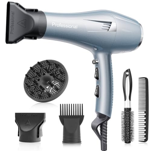 Phon Capelli Professionale Asciugacapelli loni Rapida Asciugatura per Salone e Casa (3 Calore.2 Velocità, Diffusore+2 Ugelli, Cavo 2,5m) (Blu)